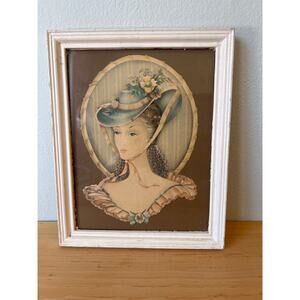 Vintage Framed Lithograph Woman Blue Hat 1950s by Donald Art Co. Made in USA